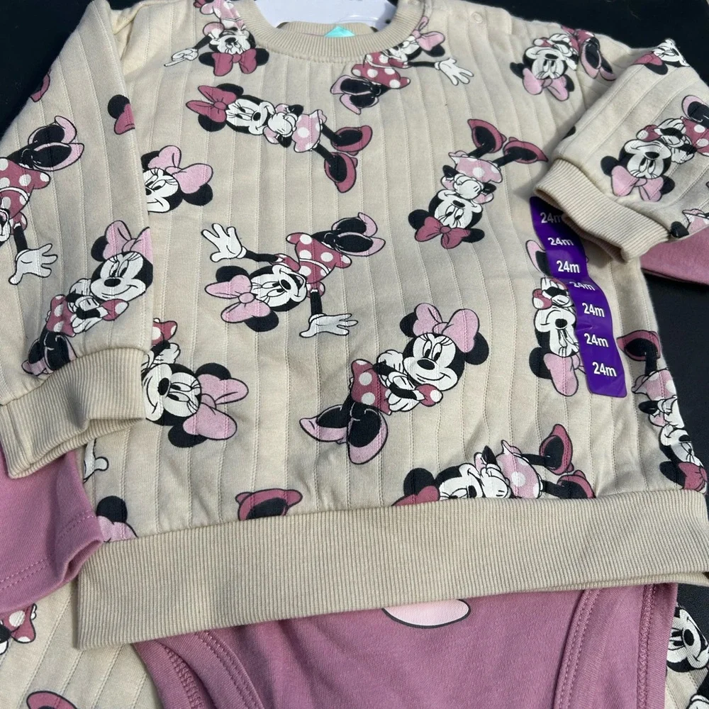 Disney Baby Minnie Mouse 4 Piece Quilted Sweatshirt Joggers Bodysuit Set 24M
